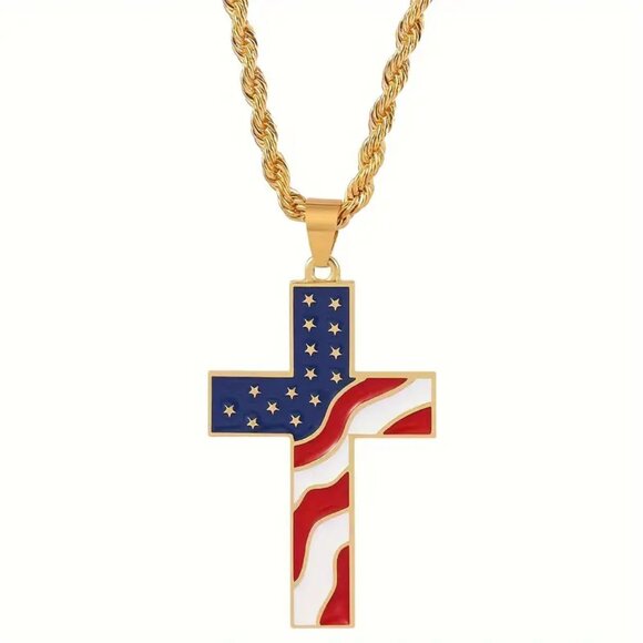 Unique American Flag Patriotic Cross Pendant Necklace - Stainless Steel - Picture 1 of 3